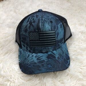 Blue Camo Trucker Hat with Black American Flag Patch